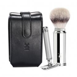 Trousse rasage de voyage "Travel" sécurité, Étui cuir noir [Mühle]