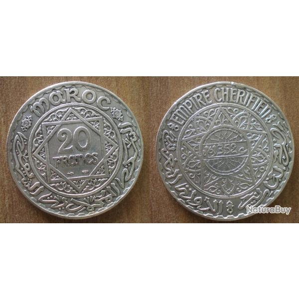 Maroc 20 Francs 1934 1352 Piece Argent Empire Cherifien Roi Mohammed V