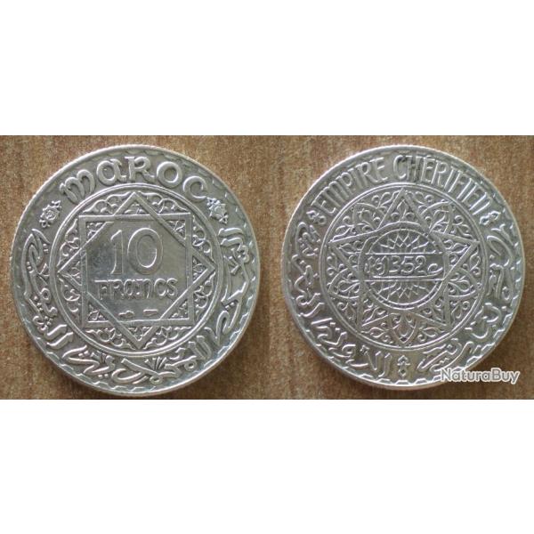 Maroc 10 Francs 1933 1352 Piece Argent Empire Cherifien Roi Mohammed V