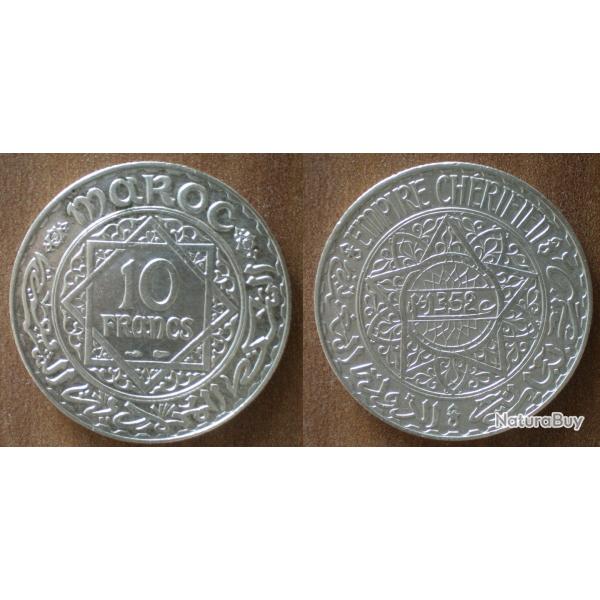 Maroc 10 Francs 1933 1352 Piece Argent Empire Cherifien Roi Mohammed V