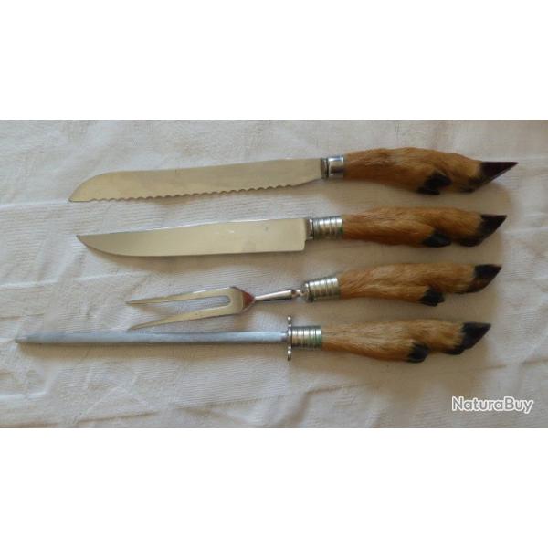 4 ustensiles pattes chevreuil scie a pain / aiguiseur / ensemble fourchette couteau  gigot