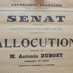 AFFICHE 1914 ALLOCUTION PRESIDENT du SENAT DUBOSC sur l'héroïsme de la France WW