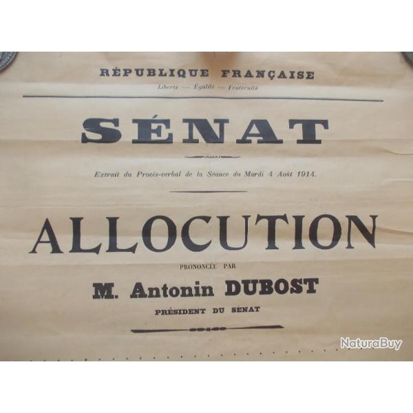 AFFICHE 1914 ALLOCUTION PRESIDENT du SENAT DUBOSC sur l'hrosme de la France WW