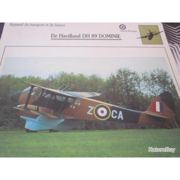 FICHE  AVIATION  TYPE TRANSPORT ET DE LIAISON  /  DE HAVILLAND  DH 89 DOMINIE  G BRETAGNE