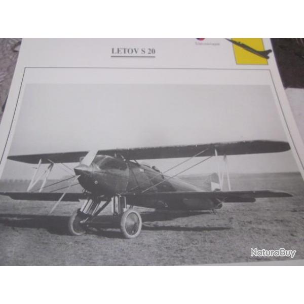 FICHE  AVIATION  TYPE  CHASSEUR  / LETOV S 20   TCHECOSLOVAQUIE