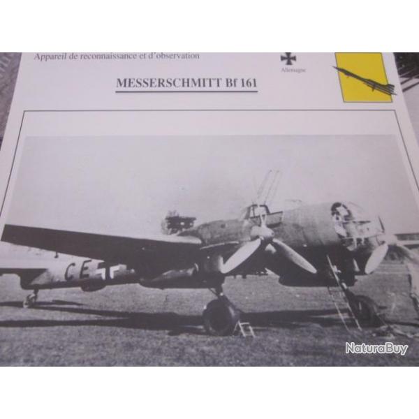 FICHE  AVIATION  TYPE APPAREIL RECONNAISSANCE ET D OBSERVATION /  MESSERSCHMITT  BF 161  ALLEMAGNE