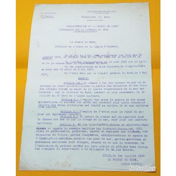 DOCUMENT 1927 LITTORAL DU NORD CHASSE AU GIBIER D'EAU CANOT FUSIL CALIBRE