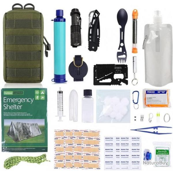 Kit de survie complet avec pochette verte - Equipements d'urgence - Livraison gratuite et rapide