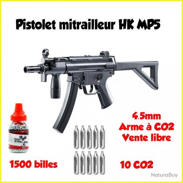 Pack Pistolet mitrailleur HK MP5 K-PDW CO2 4.5mm+ 1500 billes+ 10 CO2 