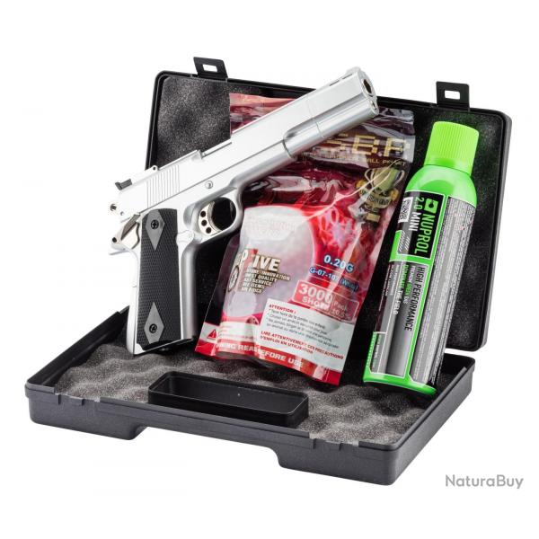 Pack GNB Gaz 1911 Long silver 0,5J + mallette + billes + gaz