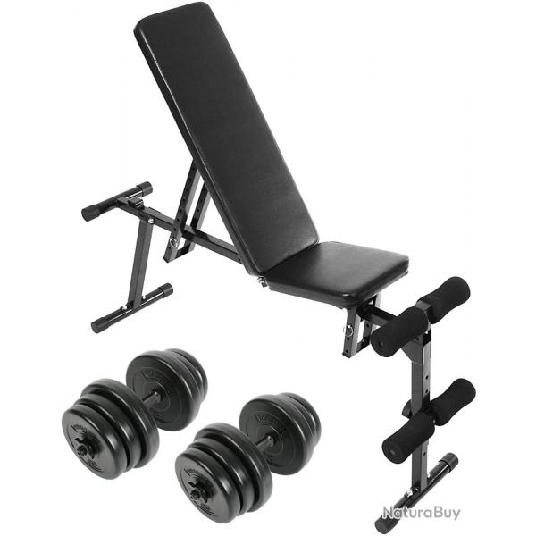 Banc de musculation set d'haltres courts 40 kg inclinable pliable rglable barre 43 cm 4 bagues de