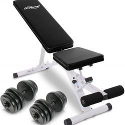 Banc de musculation + set d'haltères courts (2x20 kg) inclinable fixation pour jambes dossier régla