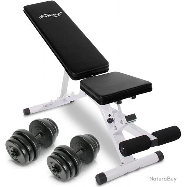 Banc de musculation + set d'haltres courts (2x20 kg) inclinable fixation pour jambes dossier rgla