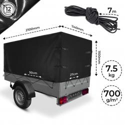 Bâche pour remorque 210 x 114 x 110 cm pvc 700 g/m² avec oeillets 4 sangles et corde élastique 7 m i