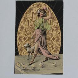 CPA illustrée B.K.W.I. Art nouveau Femme Joyeuses Pâques