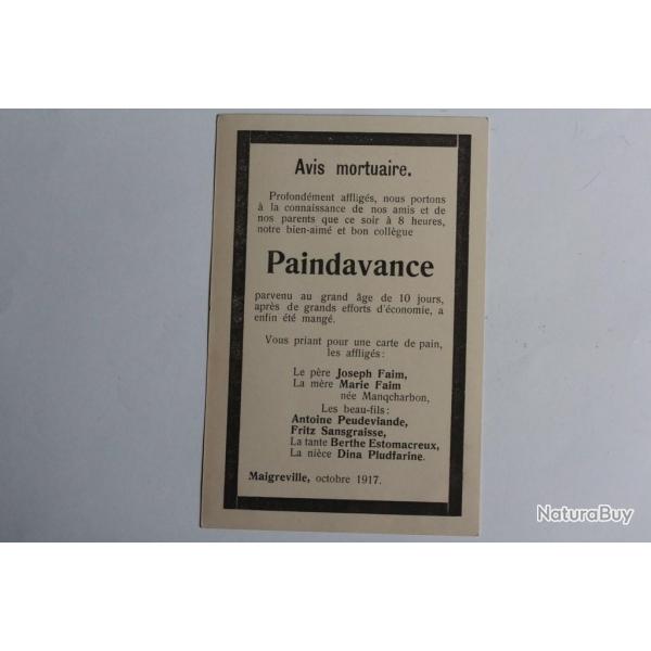 CPA satirique Avis mortuaire Paindavance Famine Suisse