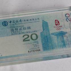 Billet Hong Kong 20 Dollars Beijing 2008 Jeux Olympiques sous verre