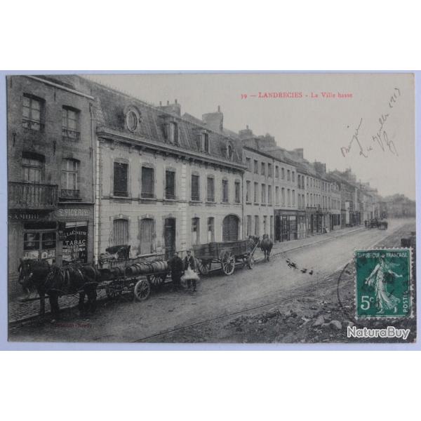 CPA Nord Landrecies La ville basse Attelage picerie La Civette Tabac