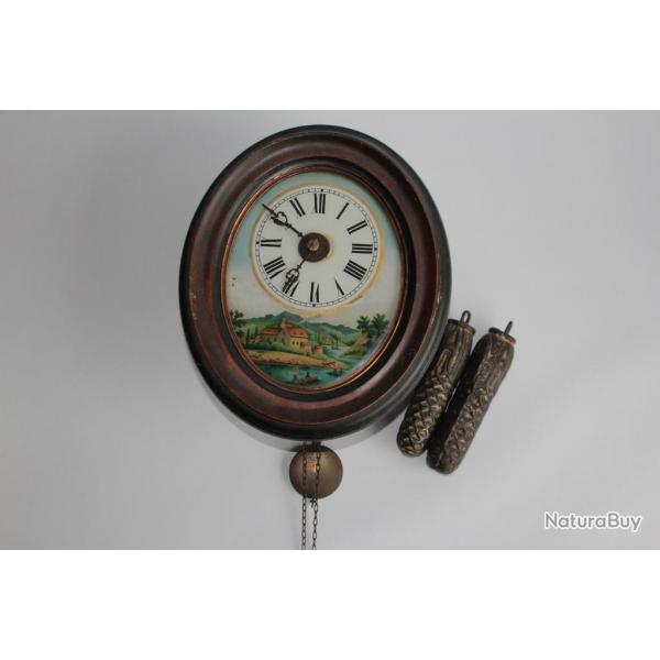 Ancienne horloge murale Fort noire dcor peint sous verre