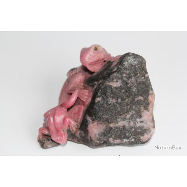 Sculpture Rhodonite Lzard et grenouille rose