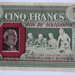 Billet Bon de solidarité Pétain 5 Francs Croix-rouge