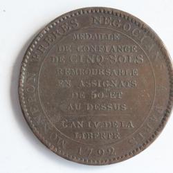 Médaille de confiance Monneron de 5 sols au serment 1792 type 2