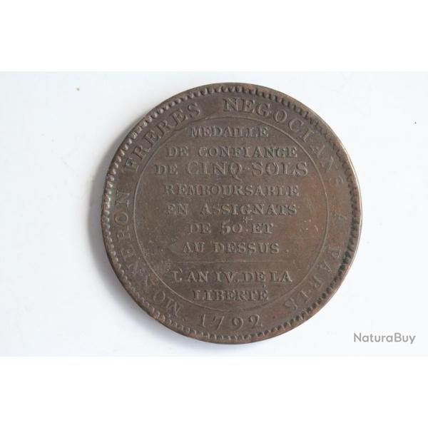 Mdaille de confiance Monneron de 5 sols au serment 1792 type 2