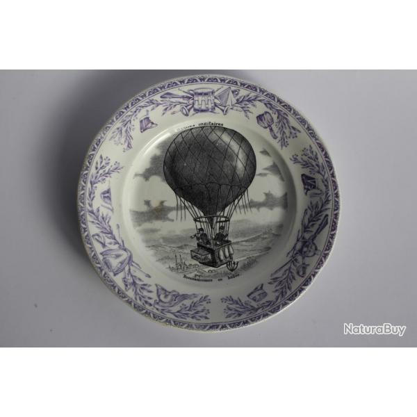 Assiette faence CREIL & MONTEREAU Militaires Reconnaissance en ballon