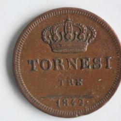 Monnaie 3 Tornesi 1842 Ferdinand II Deux-Siciles Italie