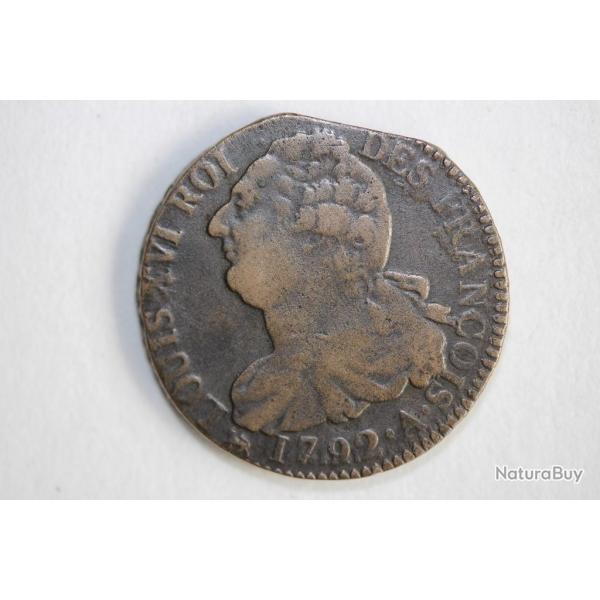 Monnaie 2 Sols au faisceau 1792 A (Paris) type Franois Louis XVI