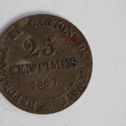 Monnaie 25 Centimes Canton de Genève 1847 Suisse