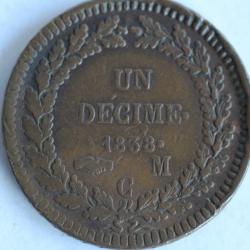Monnaie 1 décime Honoré V Prince de Monaco 1838 MC variété