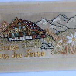 Carte postale Suisse Gruss aus der Ferme soie brodée