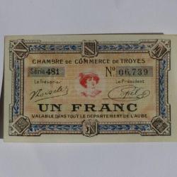 Billet Chambre de Commerce de Troyes Un Franc (1914-1925)