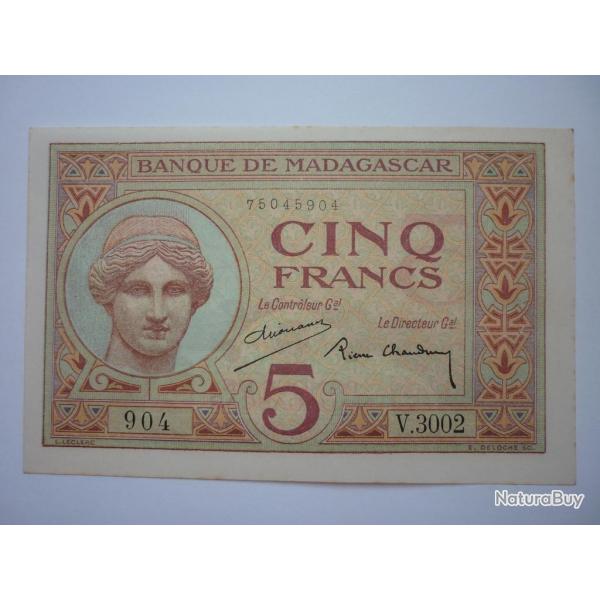 Billet 5 Francs Banque de Madagascar (1937-1947) Neuf