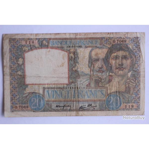 Billet 20 Francs science et travail type 1940 France 08-01-1942