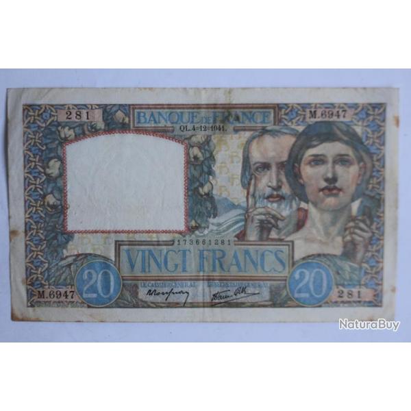 Billet 20 Francs Science et Travail type 1940 France 04-12-1941