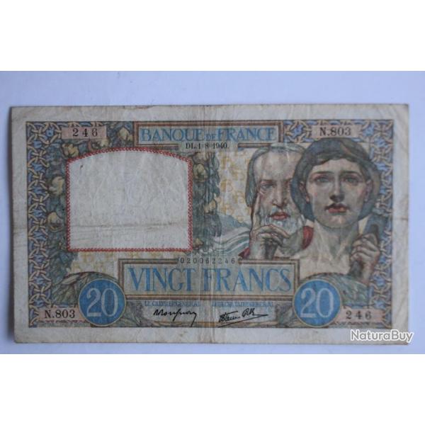 Billet 20 Francs science et travail type 1940 France 01-08-1940