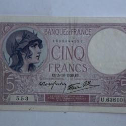 Billet 5 Francs violet type 1917 modifié France
