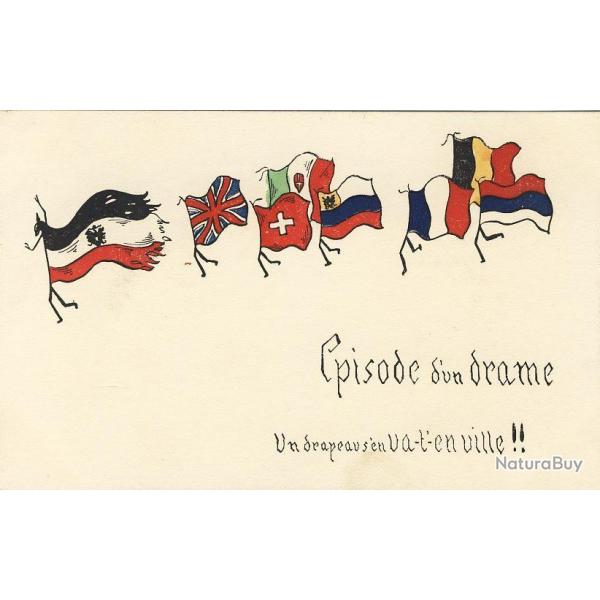 CPA illustre  Guerre drapeaux alliers Satire anti-allemande