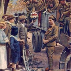 CPA Militaria En guerre Français offrant des fleurs aux soldats Anglais