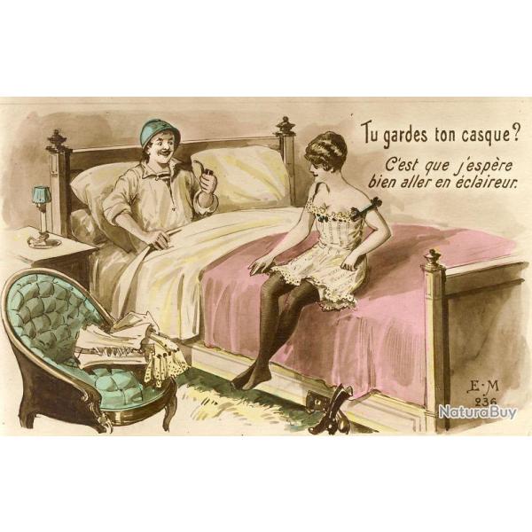 CPA Militaria Patriotique Humour Couple soldat au lit