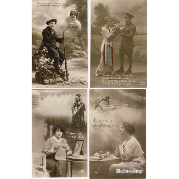 Lot de 4 CPA Militaria Guerre 14-18 Patriotique Pense aux soldats
