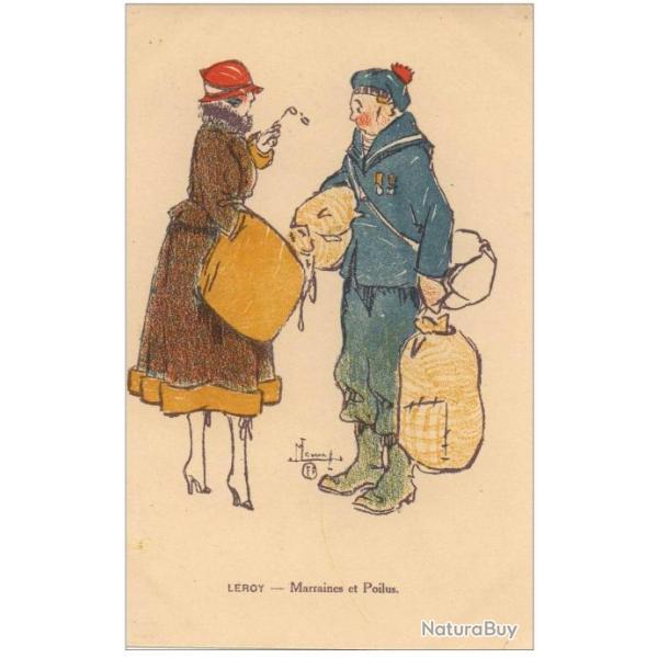 CPA illustre LEROY Maurice Srie Marraines et poilus Guerre 1914-18 Soldat Femme