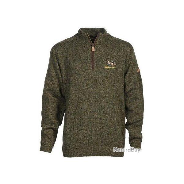 Pull de chasse col zipp kaki broderie Sanglier Percussion