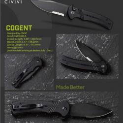 Couteau CIVIVI Cogent Black Button Lock Manche G10 Lame Acier 14C28N Part Serr IKBS Clip CIVC20038E1