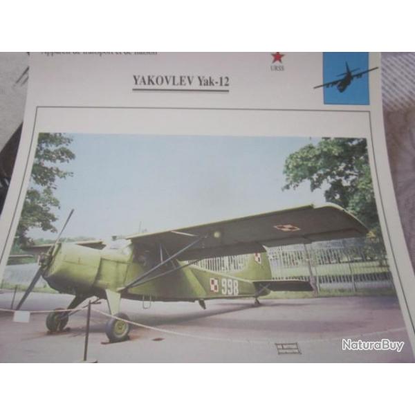 FICHE  AVIATION  TYPE TRANSPORT ET DE LIAISON  /  YAKOVLEV YAK 12  URSS