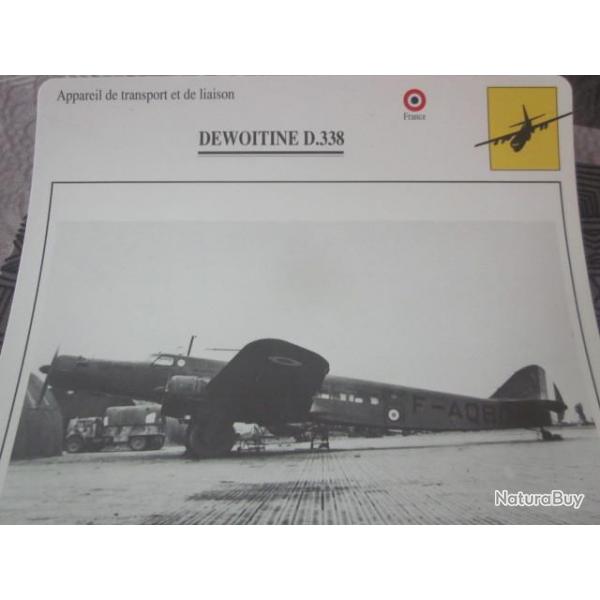 FICHE  AVIATION  TYPE TRANSPORT ET DE LIAISON  / DEWOITINE  D 338  FRANCE