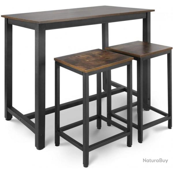 Table haute avec 2 tabourets de bar style industriel repose pieds cadre en fer rustique ensemble bi