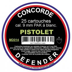 25 Cartouches A Blanc Concorde Defender 9 MM Pour Pistolet